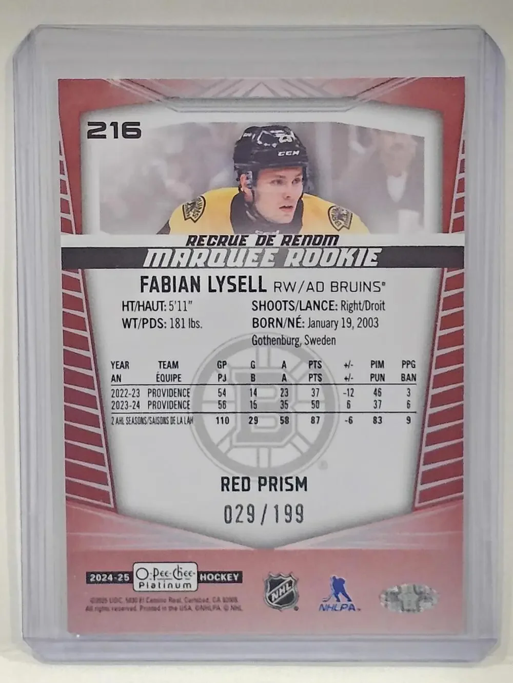 2022-23 O-Pee-Chee Platinum Fabian Lysell Marquee Rookie Red Prism #216 /199